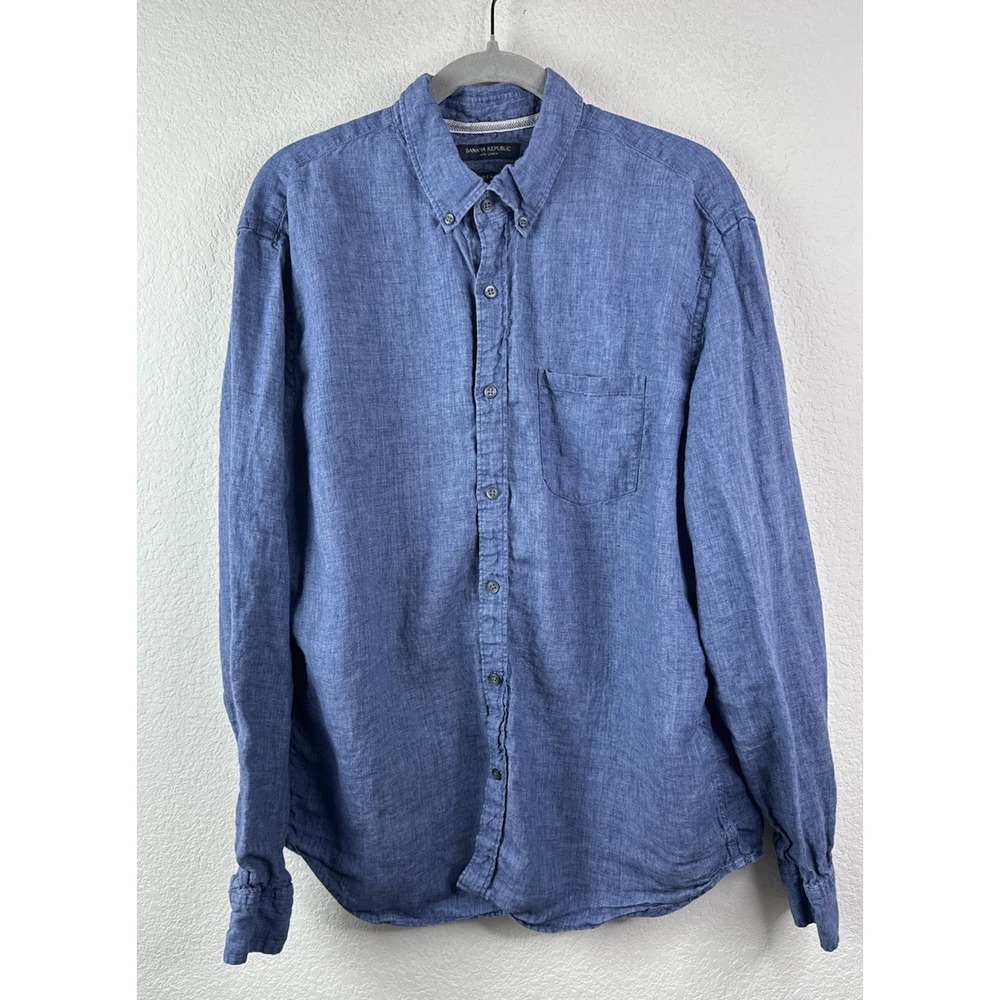 Banana Republic 100% Linen Button Down Shirt Mens Denim Blue Camden‎ Fit Beach